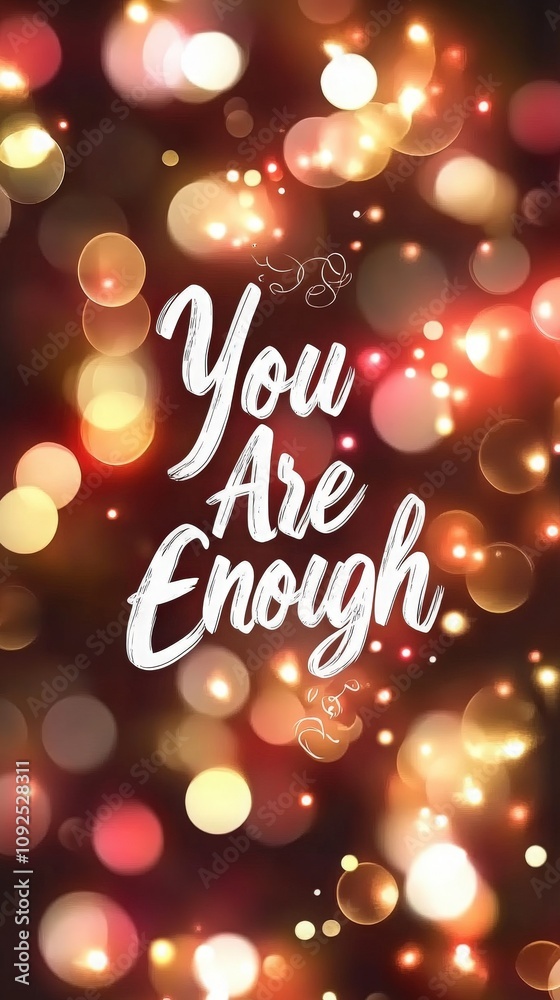 A vibrant background filled with bokeh lights showcases the uplifting phrase You Are Enough in a stylish font. This setting promotes self-acceptance and positivity.