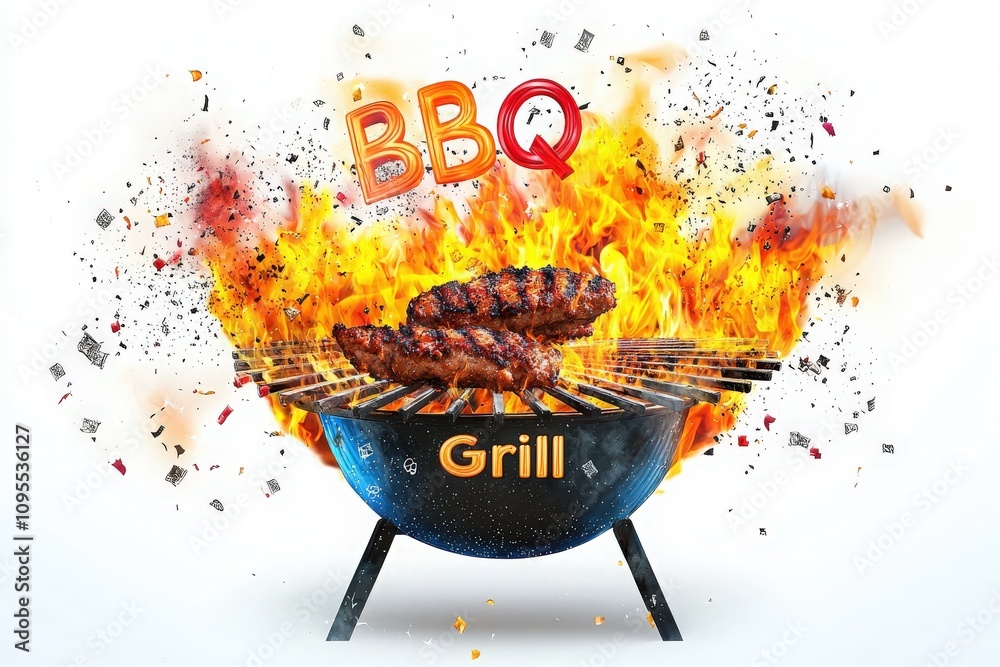 A vibrant barbecue grill is bursting with flames while succulent meat sizzles above. The scene conveys a lively outdoor cooking atmosphere, perfect for summer gatherings.