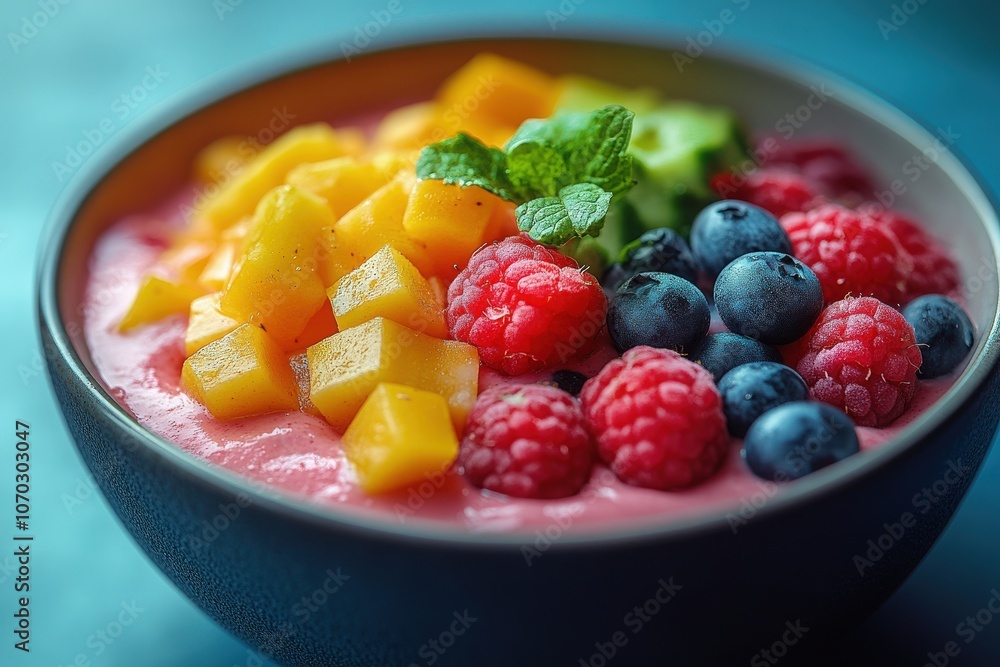A vibrant bowl features a creamy fruit smoothie base, adorned with ripe mango chunks, juicy raspberries, and blueberries. This nutritious blend is ideal for a refreshing breakfast or snack.