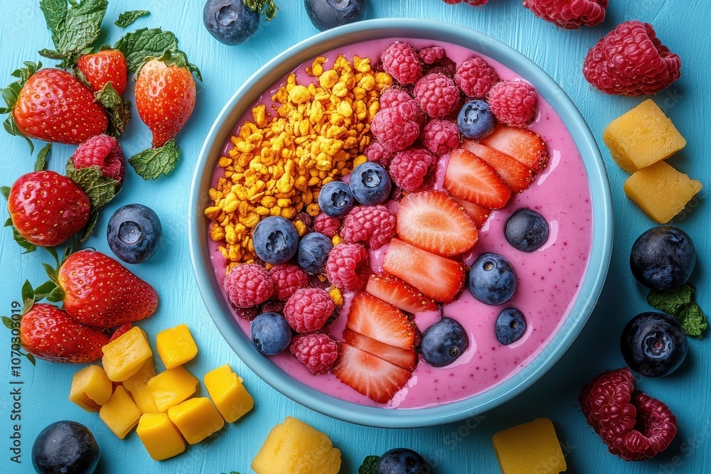 A vibrant bowl of smoothie filled with pink yogurt, topped with strawberries, blueberries, raspberries, and granola. Fresh mint sprigs and mango chunks surround the bowl on a blue wooden surface.