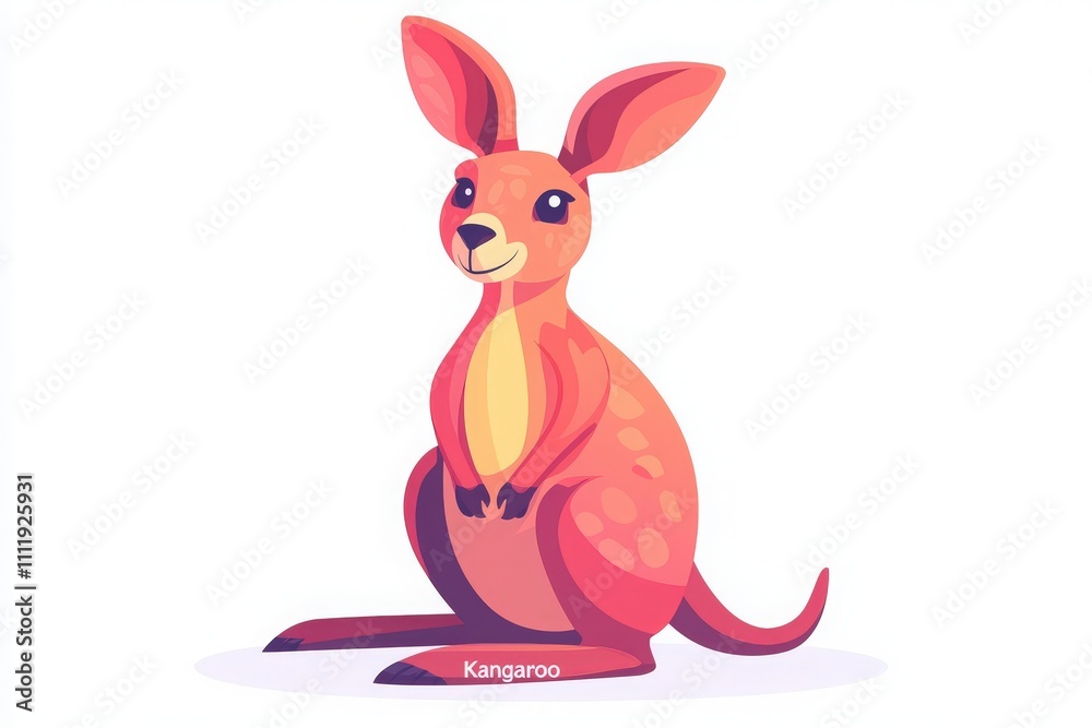 A vibrant cartoon kangaroo sits upright, showcasing its characteristic features, with a joyful expression. Its colorful fur includes shades of pink and orange, set against a bright white backdrop.