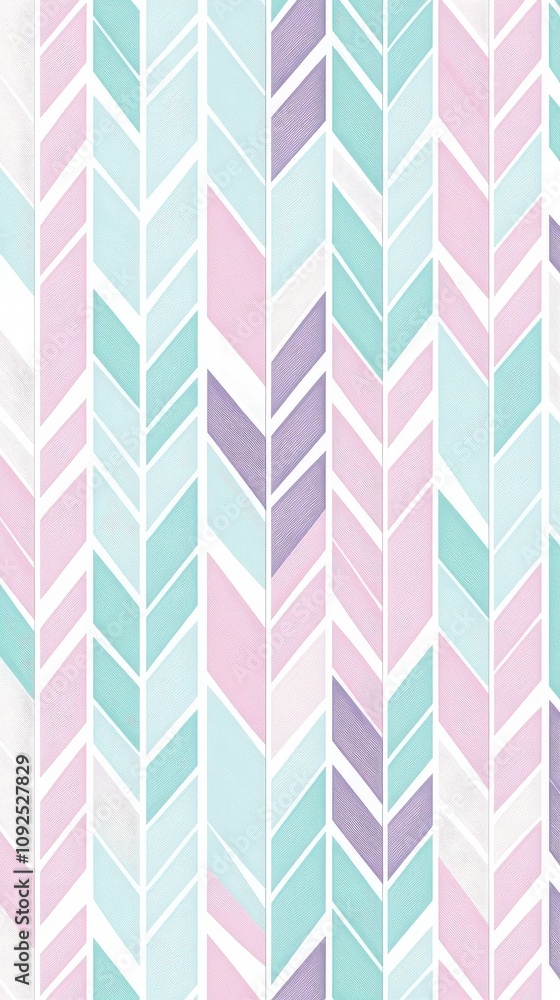 A vibrant chevron pattern features shades of mint green, lavender, and pink arranged in a stylish, repetitive design. This artwork adds a playful touch to any space.