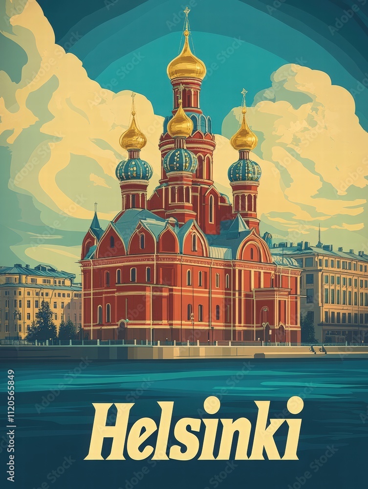 A vibrant church with striking golden domes stands majestically by the water in Helsinki. The striking architecture contrasts with the colorful sky, creating a picturesque scene.