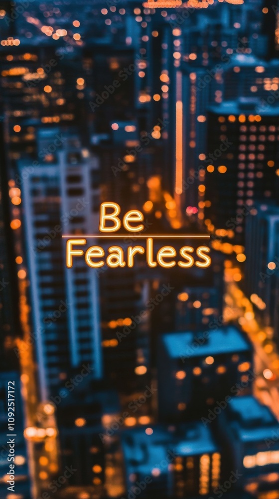 A vibrant city skyline illuminated at night showcases tall buildings and glowing street lights. The words Be Fearless shine brightly, inspiring confidence against the urban backdrop.