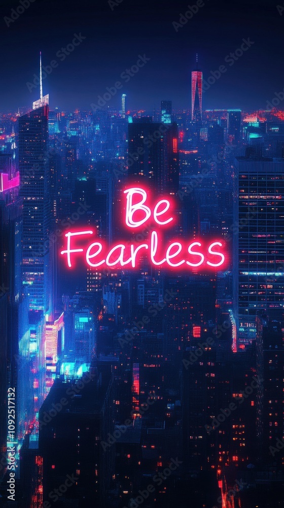 A vibrant city skyline illuminated at night showcases towering buildings adorned with colorful neon lights. The phrase Be Fearless stands out, inspiring confidence and resilience.