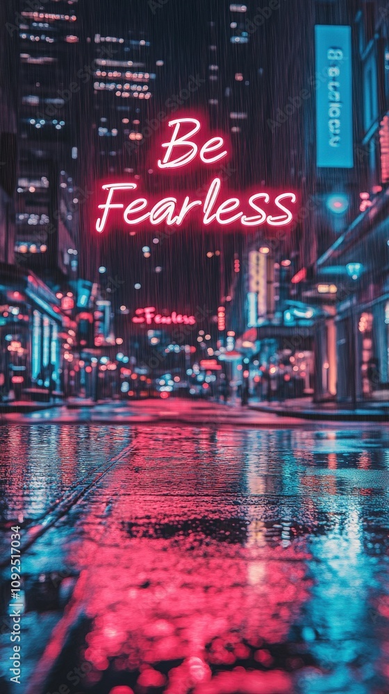 A vibrant city street showcases neon lights reflecting on wet pavement. Rain falls softly as a motivational phrase encourages passersby to embrace fearlessness. Nighttime creates a lively atmosphere.