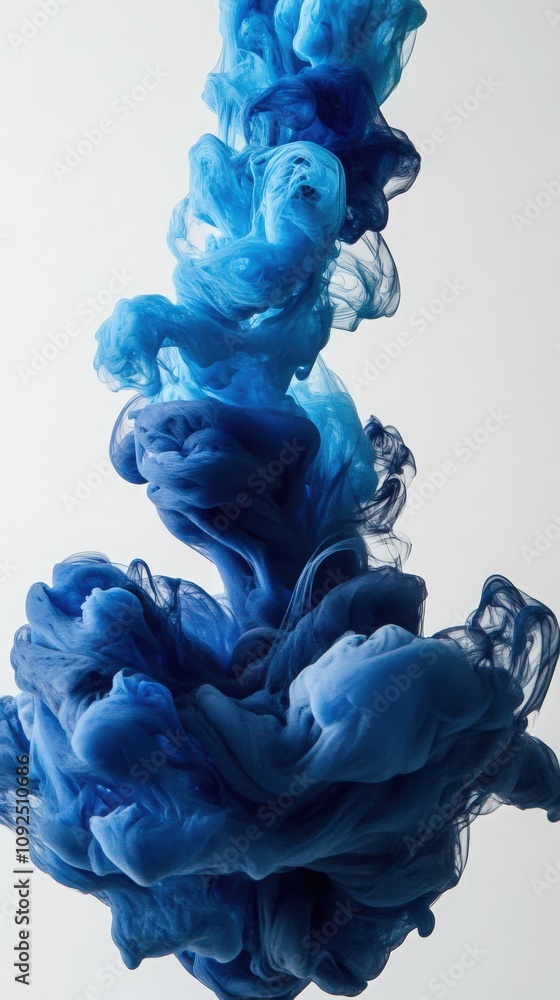 A vibrant cloud of blue ink flows gracefully in clear water, creating intricate shapes and mesmerizing patterns. The rich hues blend seamlessly, producing a captivating effect.