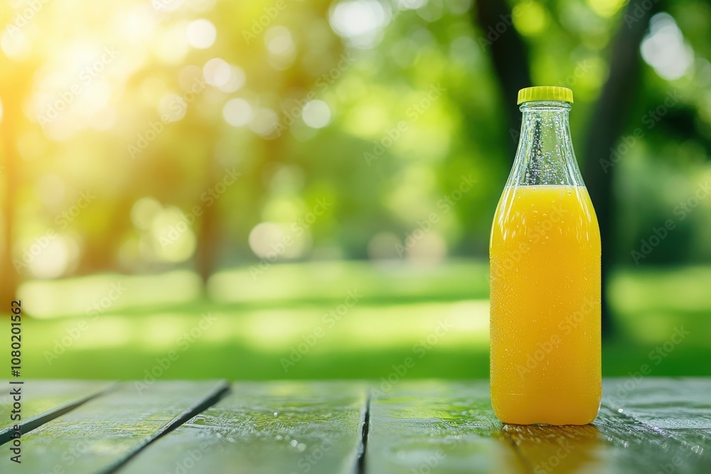 A vibrant cold-pressed juice bottle filled with fresh juice stands on a wooden table. The sunlight glimmers through the trees in the background, creating a refreshing atmosphere.