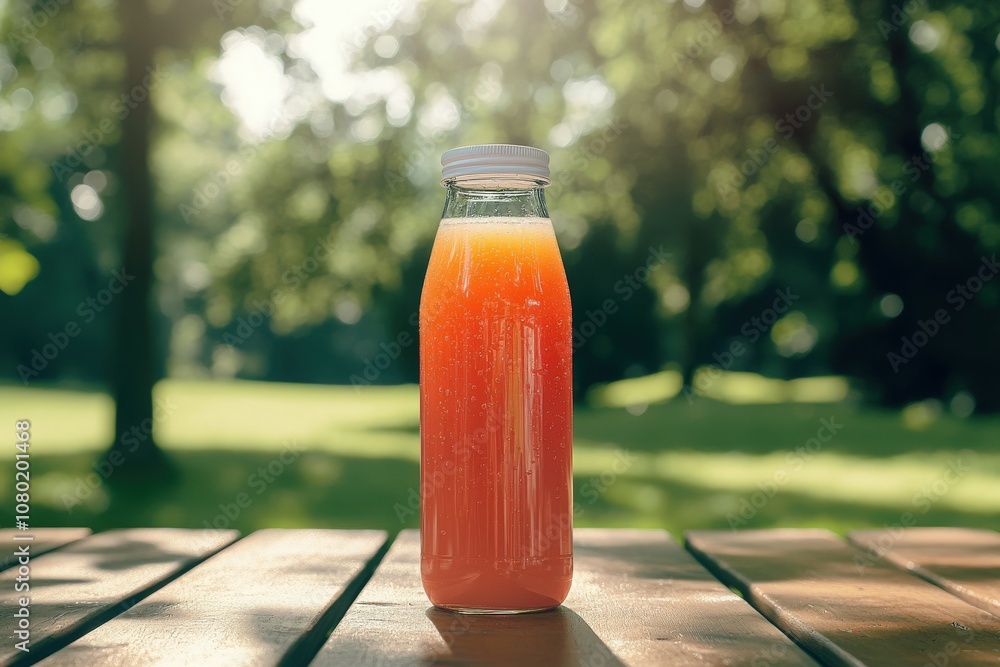 A vibrant cold-pressed juice bottle stands on a wooden table in a sunny park, showcasing its refreshing contents. The lush greenery and sunlight enhance the inviting atmosphere.