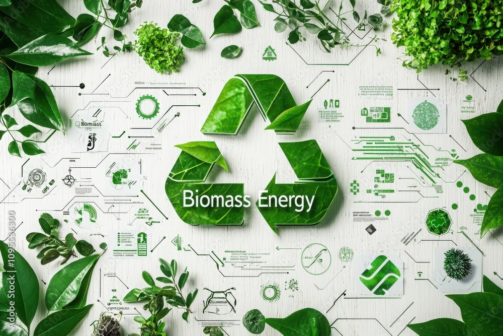 A vibrant collage features a green recycling symbol made from leaves, surrounded by various plant elements and illustrations representing biomass energy and sustainability concepts.