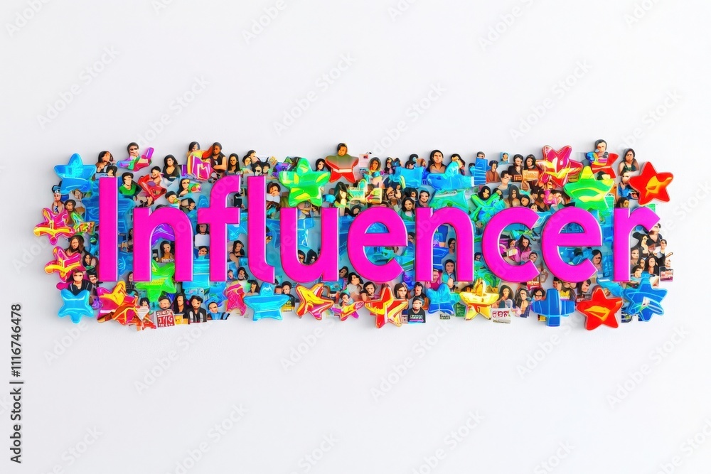 A vibrant collage showcases various images and icons symbolizing influencer culture. Bright colors and diverse representations highlight the dynamic nature of online personalities and their impact.