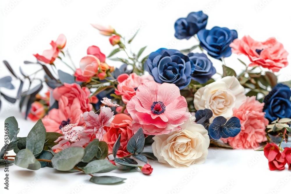 A vibrant collection of artificial flowers is displayed, featuring roses, anemones, and eucalyptus leaves.