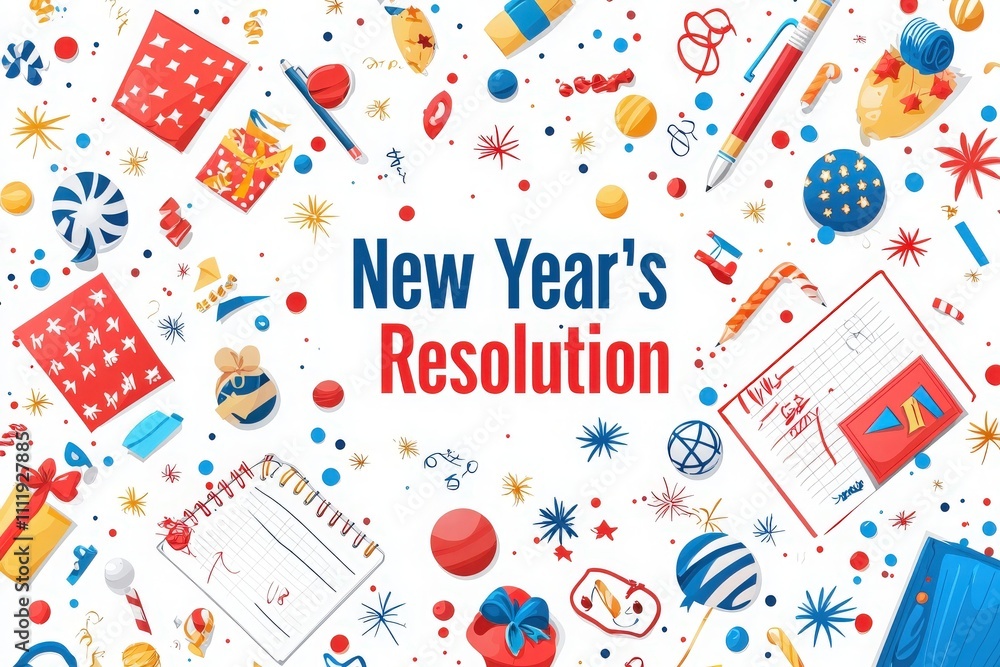 A vibrant collection of festive items symbolizing New Years resolutions, including colorful decorations, gifts, and written goals.