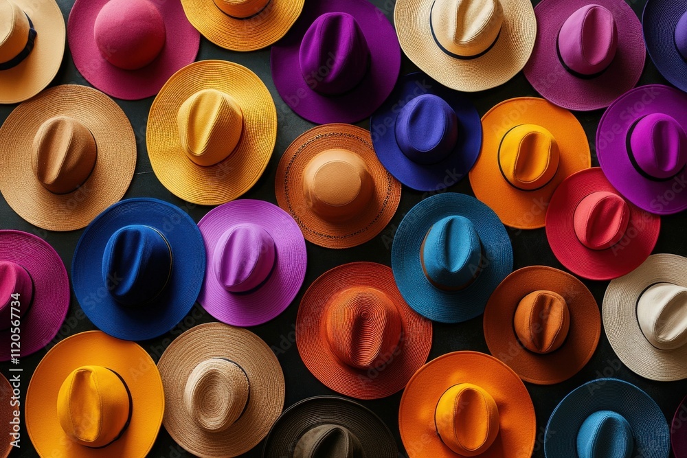 A vibrant collection of hats featuring a variety of colors is neatly arranged in rows on a display table. The diversity in styles and hues creates an eye-catching attraction at a local market.