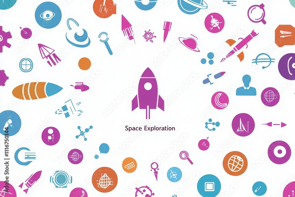 A vibrant collection of icons represents various elements of space exploration, including rockets, planets, and scientific tools. This graphic illustrates the excitement of discovering the universe.