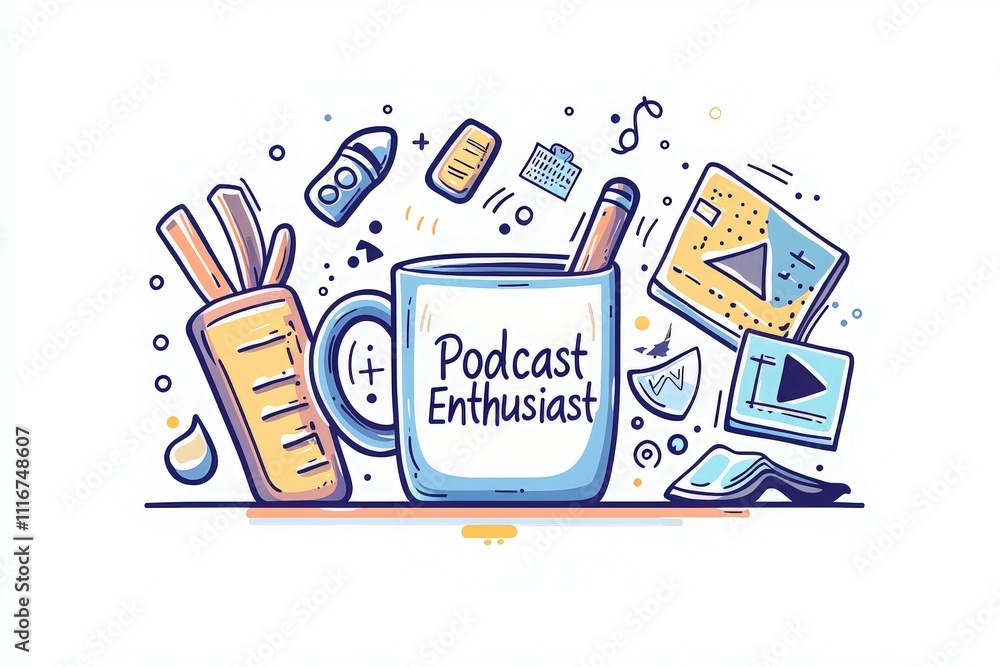 A vibrant collection of podcast-related items including a mug that reads Podcast Enthusiast, pens, notes, and graphics. This reflects a creative workspace dedicated to audio storytelling.