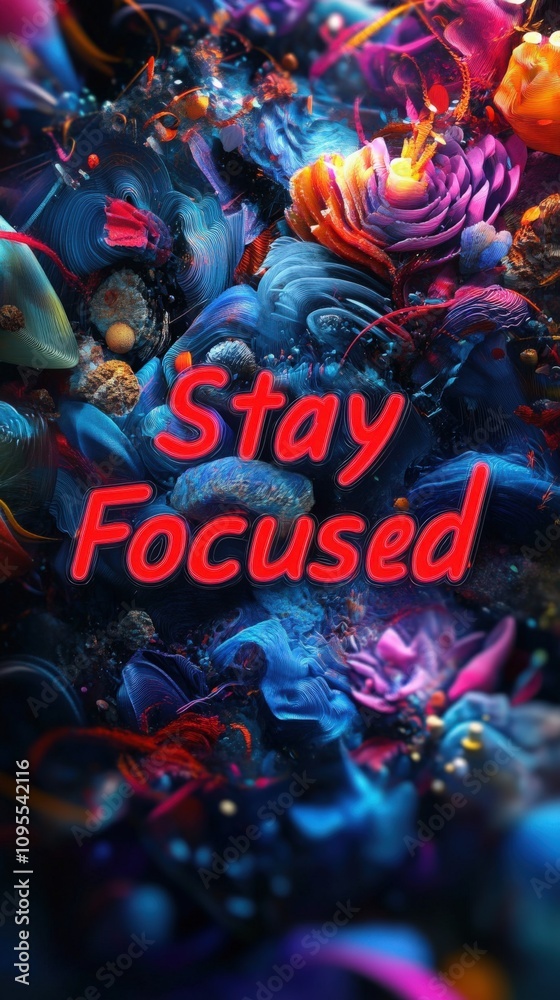 A vibrant composition showcases swirling shapes and flowers in rich hues of blue, pink, and orange, featuring the phrase Stay Focused prominently to inspire concentration and creativity.