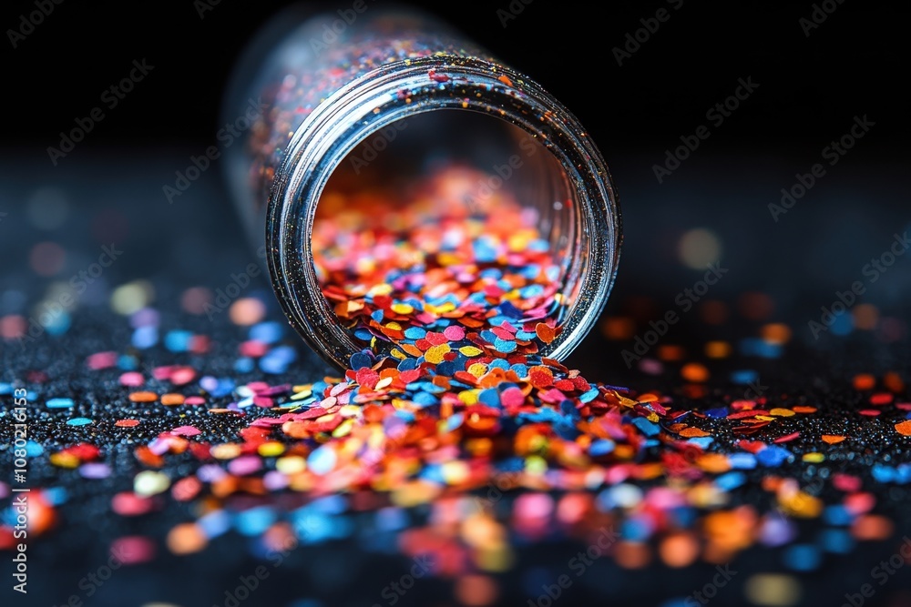 A vibrant confetti popper has erupted, scattering colorful paper dots across a dark surface. The scene captures the joyful chaos of a festive occasion, filled with excitement and celebration.