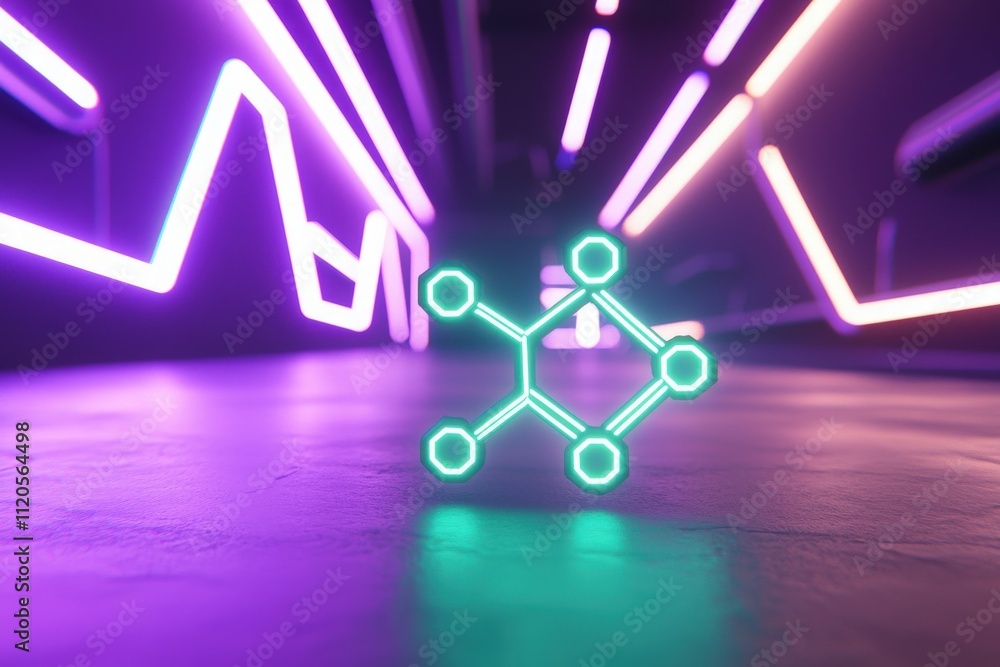 A vibrant corridor with glowing neon lines creates an atmospheric backdrop for a green geometric shape positioned in the foreground, highlighting modern design and technology.