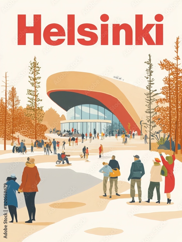 A vibrant crowd gathers outside a striking modern building in Helsinki as people engage in various activities, enjoying the scenic surroundings adorned with autumn colors.