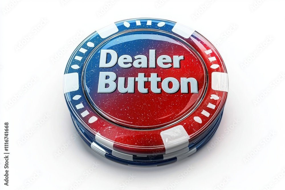 A vibrant dealer button designed for card games is prominently shown against a clean white background. The button features a red and blue color scheme with the text Dealer Button.