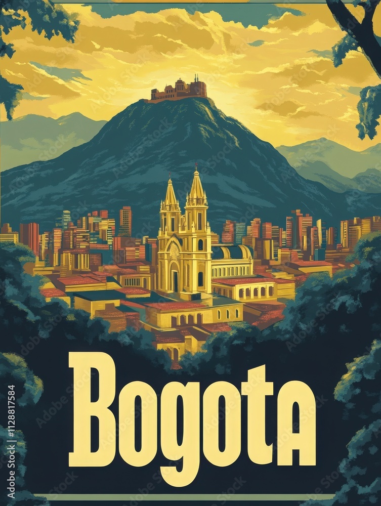 A vibrant depiction of Bogota showcases the citys iconic mount Monserrate at sunset. The ornate cathedral stands out among urban buildings under a golden sky, creating a picturesque landscape.