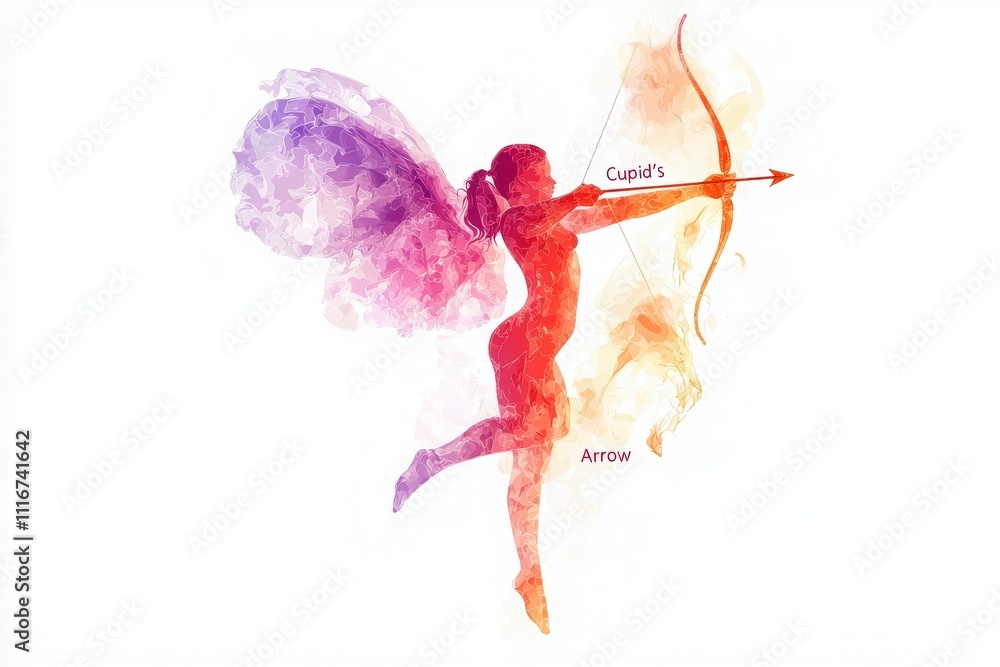 A vibrant depiction of a figure with butterfly wings drawing a bow to release an arrow, symbolizing love and affection. The colors blend beautifully, enhancing the enchanting theme.