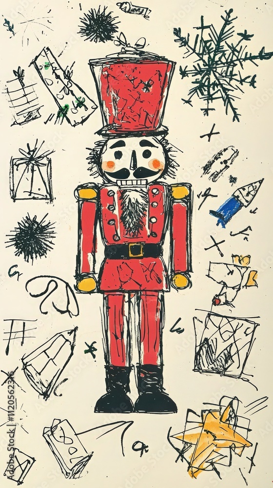 A vibrant depiction of a nutcracker figure stands at the center, surrounded by hand-drawn presents and festive motifs. This playful artwork evokes the spirit of the holiday season.