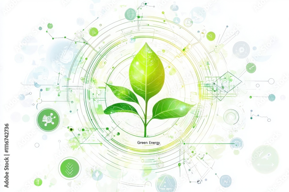 A vibrant depiction of green energy showcases a leaf at the center surrounded by digital elements like icons and symbols. The design emphasizes themes of sustainability and ecology.