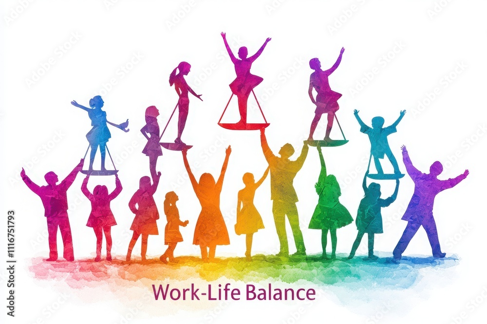 A vibrant depiction of individuals joyfully celebrating work-life balance. People of diverse ages and genders are shown in cheerful poses, symbolizing unity and harmony in life.