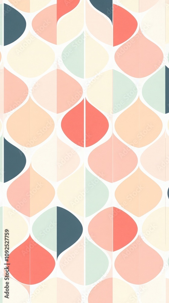 A vibrant design features a series of colorful, overlapping geometric shapes in pastel hues, creating a harmonious visual effect. This pattern evokes a sense of modern elegance and artistry.