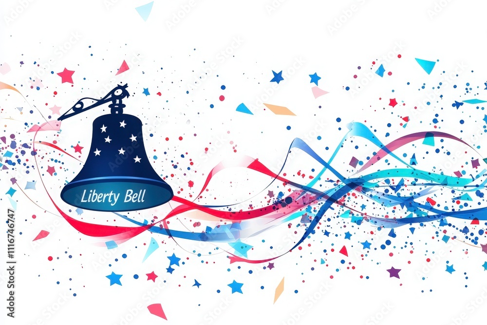 A vibrant design features the Liberty Bell surrounded by colorful confetti and flowing ribbons, symbolizing celebration and American independence. The lively colors evoke festive feelings.