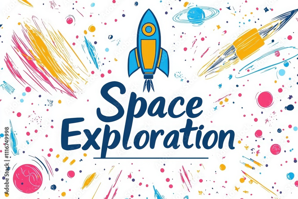 A vibrant design featuring rockets and planets surrounded by stars, highlighting the theme of space exploration. Bold colors and playful elements create an engaging visual atmosphere.