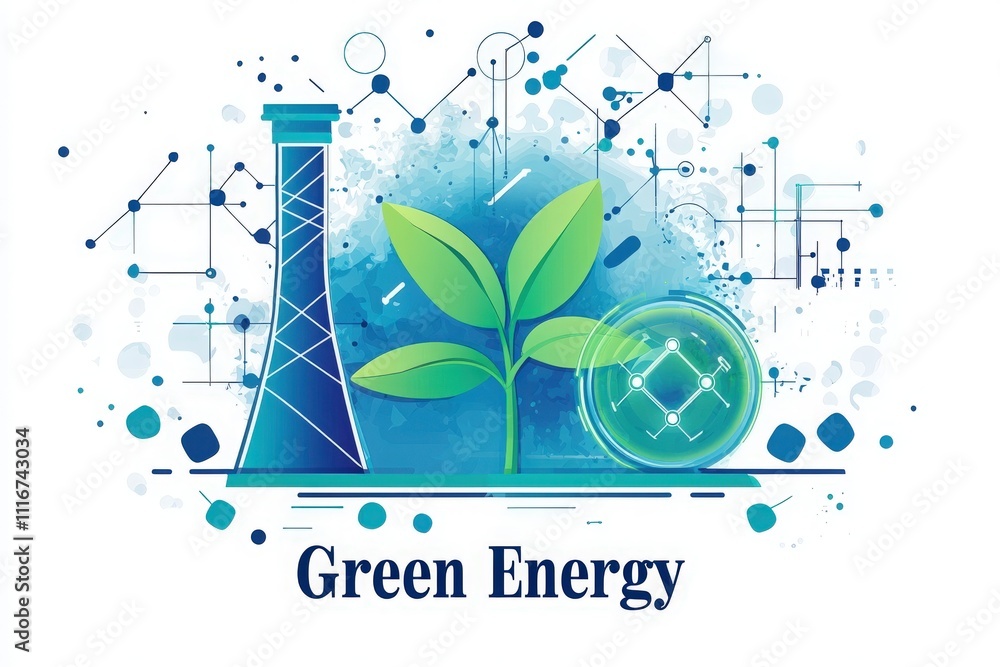 A vibrant design illustrating plant growth alongside a laboratory flask and abstract scientific elements. This visual represents the concepts of renewable resources and sustainability in energy.