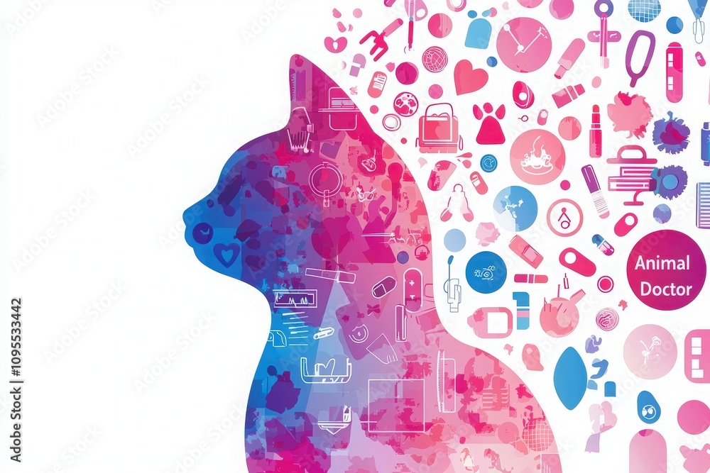 A vibrant design showcases a cat silhouette filled with various medical symbols related to animal care, emphasizing veterinary services and the importance of health for pets.