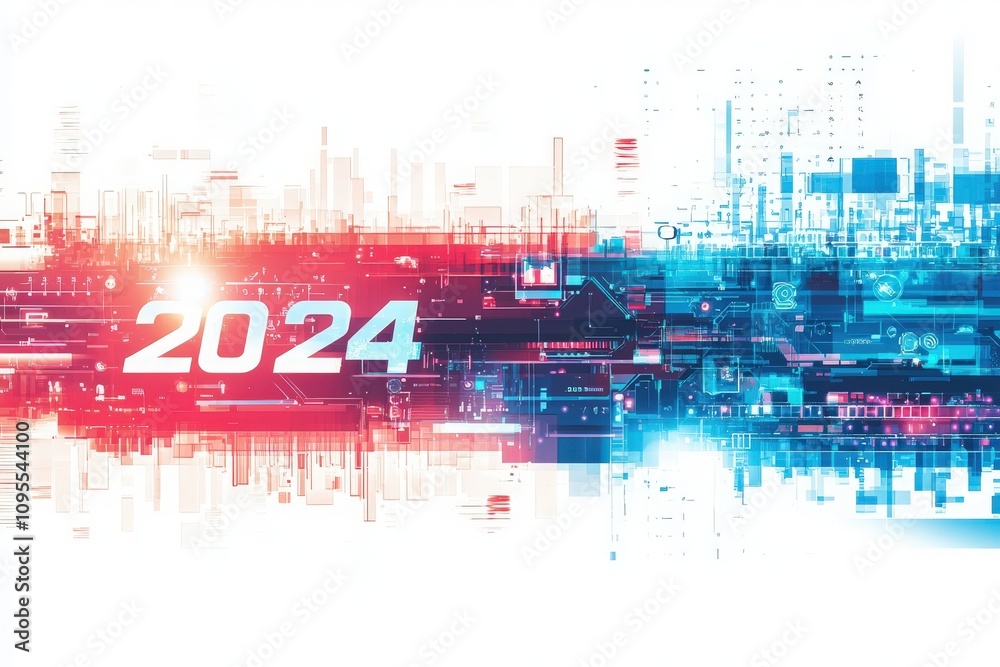 A vibrant digital composition features the numbers 2024 prominently, surrounded by a mix of blue and red graphical elements. The futuristic design symbolizes advancements and new beginnings.