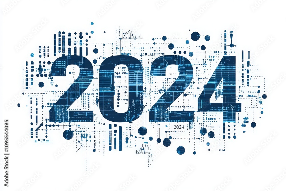 A vibrant digital display highlights the year 2024 with geometric patterns and technology-inspired graphics, symbolizing innovation and advancement in the upcoming year.