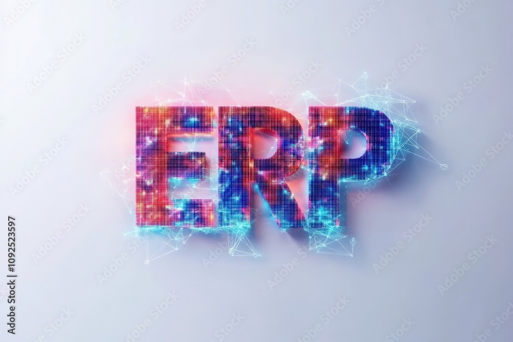 A vibrant digital rendering of the letters ERP, showcasing a blend of colors and lights. The design incorporates glowing connections, emphasizing technology and innovation.