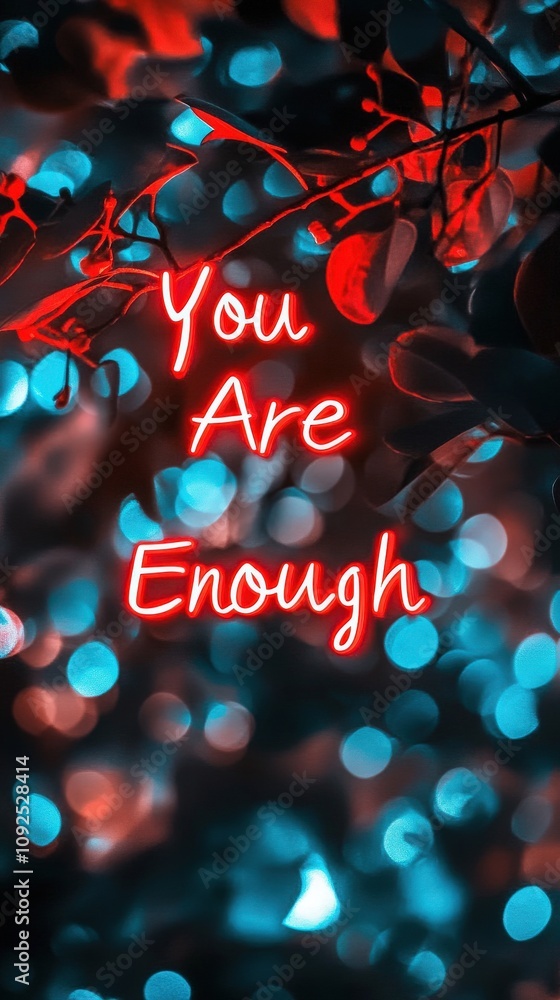 A vibrant display features the words You Are Enough in glowing red against a backdrop of blue and red bokeh lights. The atmosphere radiates positivity and reassurance.
