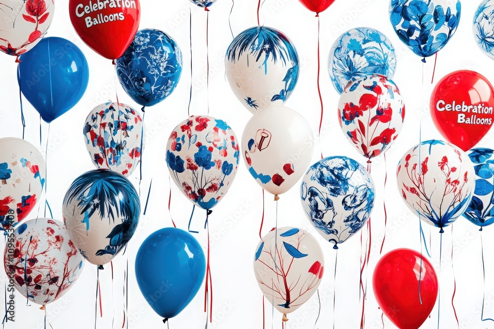 A vibrant display of balloons in blue, red, and white, featuring intricate floral designs. These decorations are perfect for parties, celebrations, and festive events, adding a joyful atmosphere.