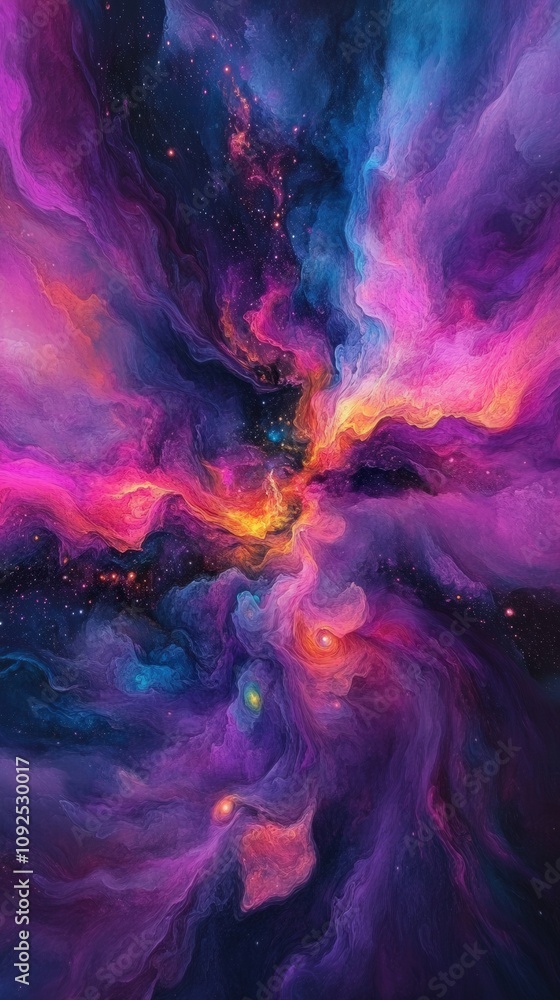 A vibrant display of swirling colors showcases the essence of the cosmos. Bright purples, pinks, and oranges blend seamlessly, creating an otherworldly exploration of space.