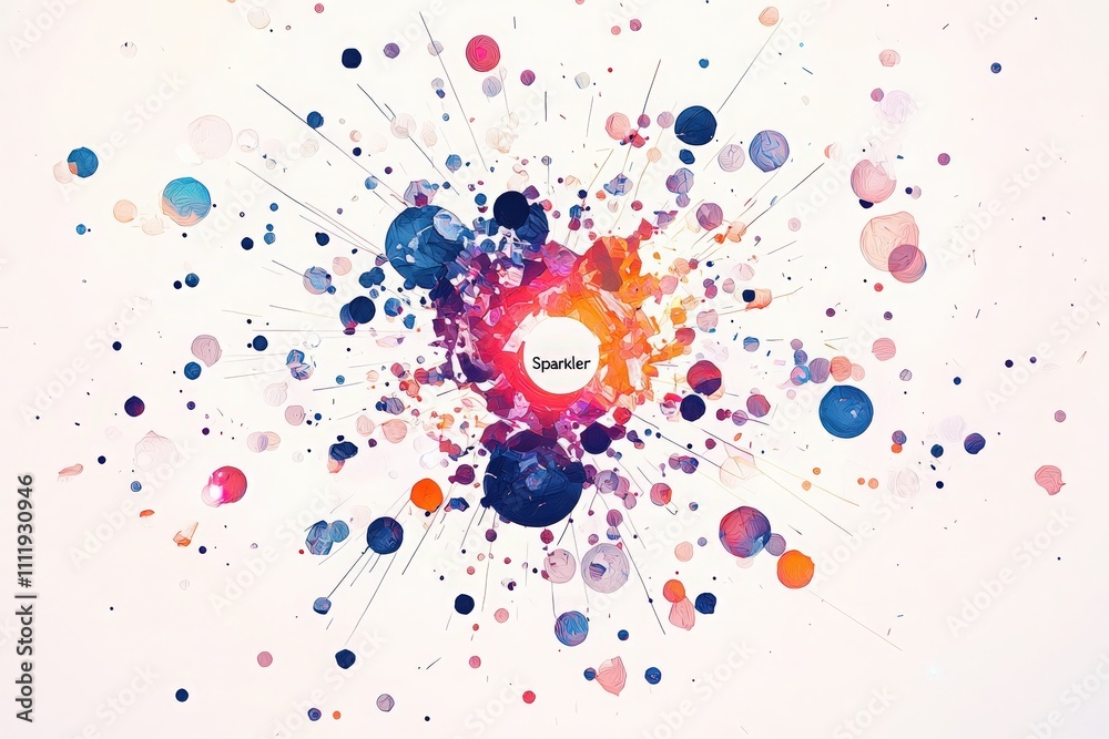 A vibrant display showcases a multitude of circular shapes radiating outward, centered around the word sparkler. The artwork features a blend of colors, creating an energetic effect.