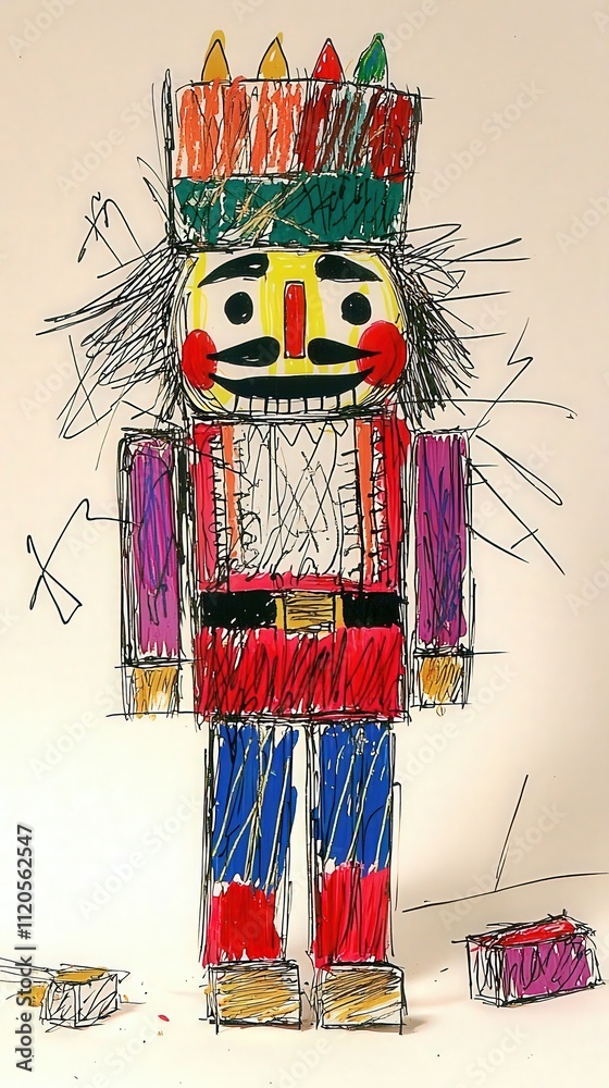 A vibrant drawing depicts a nutcracker character wearing a multicolored crown and expressive facial features. The contrasting colors and playful style highlight a childs creativity and imagination.