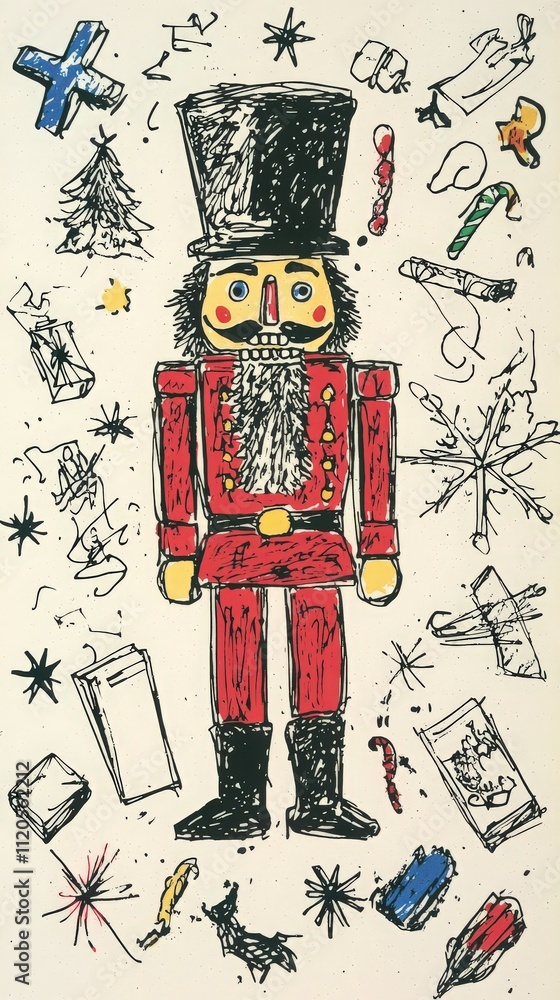 A vibrant drawing features a classic nutcracker figure dressed in red and black attire, surrounded by various holiday symbols including trees, gifts, and snowflakes.