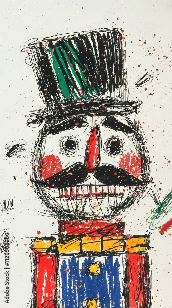 A vibrant drawing of a nutcracker character displays bold colors and whimsical features. The cheerful face with a top hat and prominent mustache exudes a festive charm.