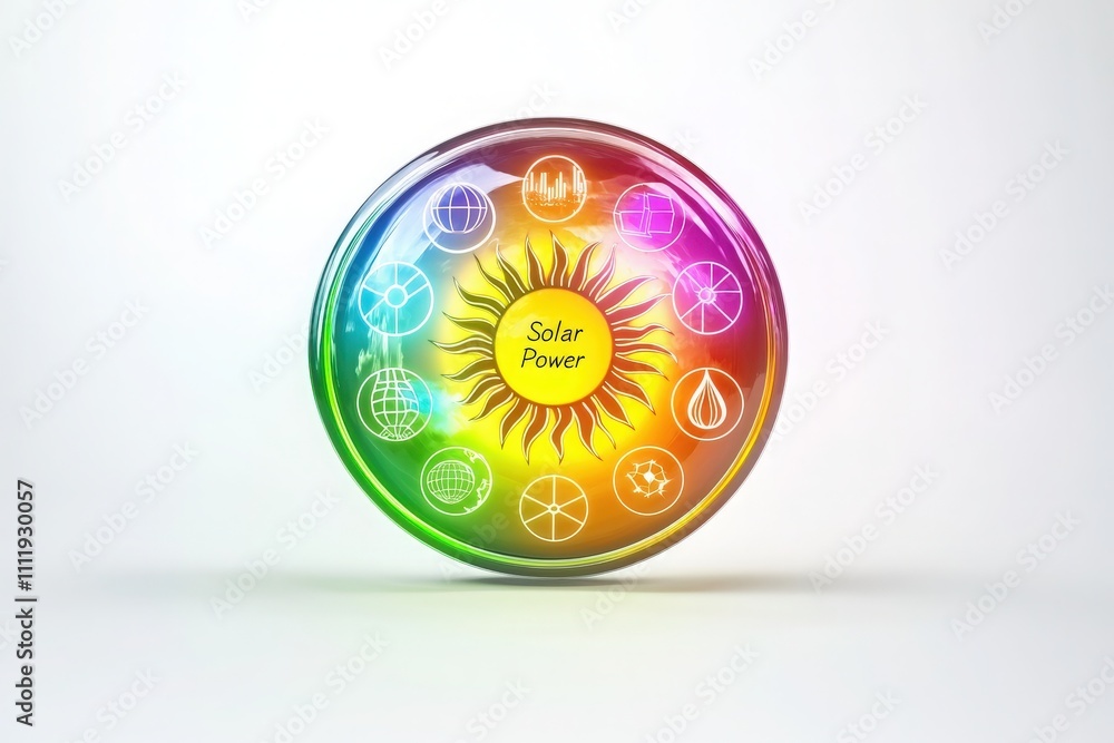 A vibrant emblem showcasing solar power and various symbols representing renewable energy sources. The design features a central sun icon surrounded by icons of the earth, water, and wind elements.