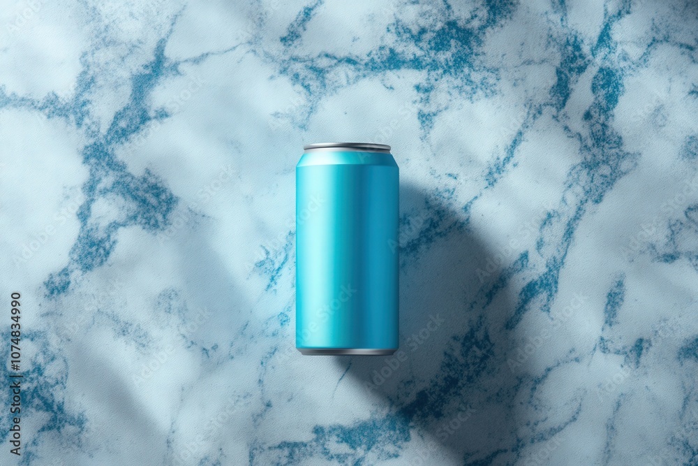 A vibrant energy drink can is displayed on a textured blue surface, showcasing its sleek design and color. This mockup serves as a versatile template for branding and marketing purposes.