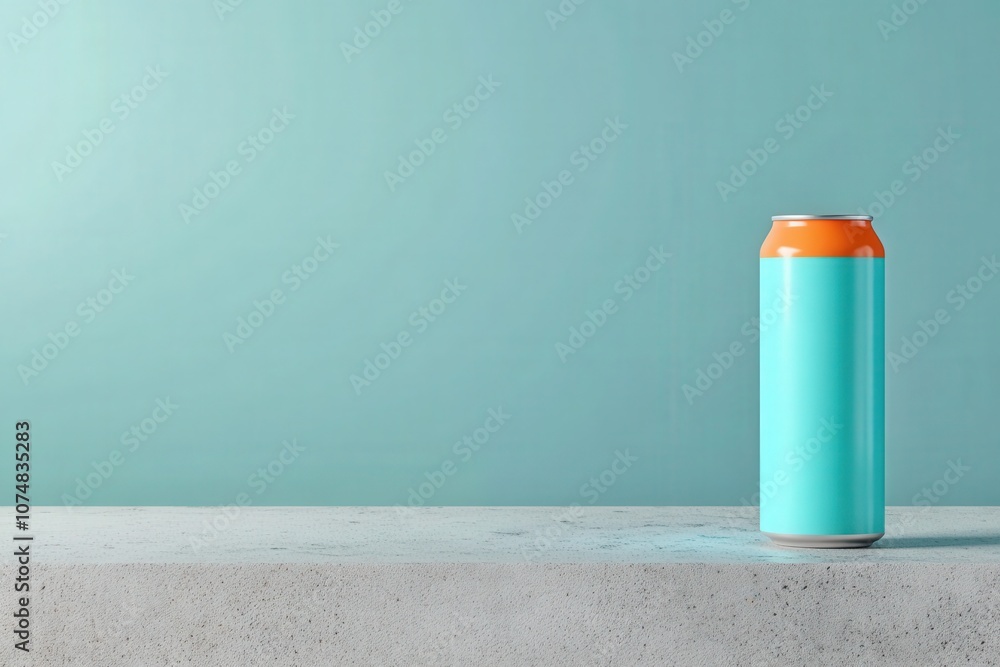 A vibrant energy drink can is positioned on a textured countertop, showcasing a sleek design. The turquoise wall provides a refreshing backdrop, creating a modern and dynamic atmosphere.