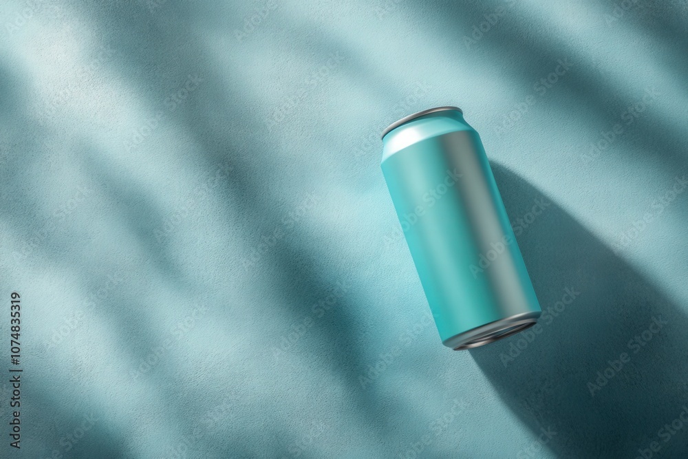 A vibrant energy drink can is showcased against a textured blue background. Soft shadows accentuate its cylindrical shape, creating a compelling visual focus.