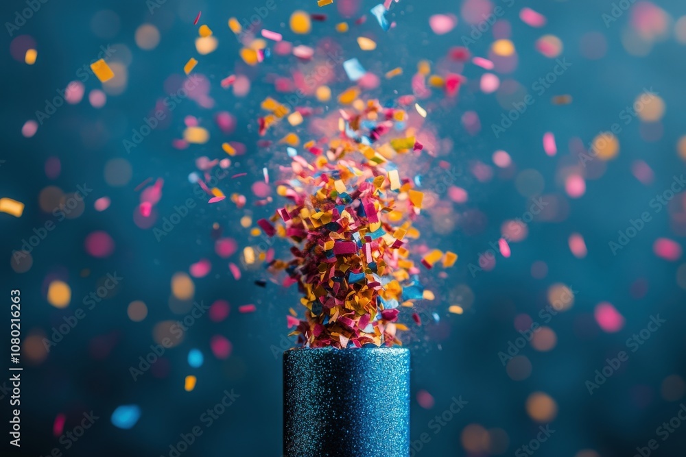 A vibrant explosion of confetti erupts from a party popper, filling the air with small colorful pieces. The festive moment captures the essence of celebration and joy.